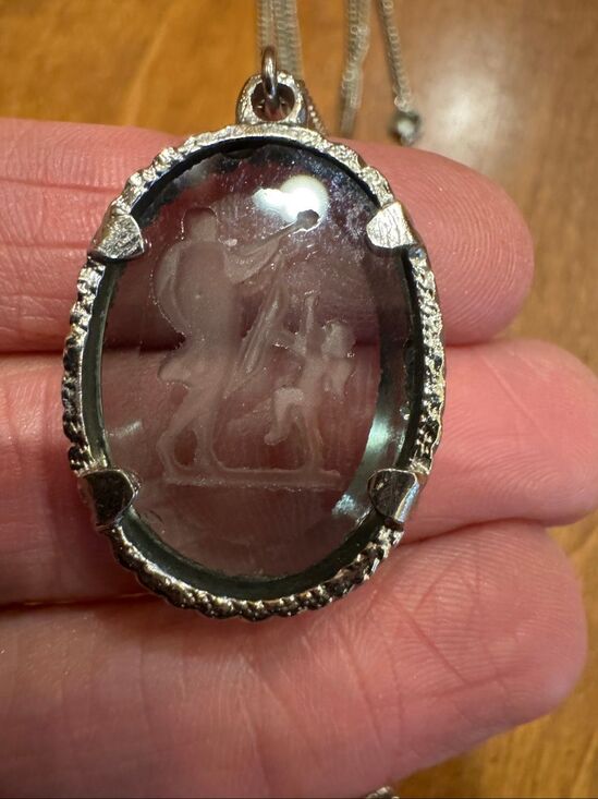 Goldette Jewelry - Vintage Goldette NY Silver Tone Multi Chain Glass Intaglio Cameo Necklace